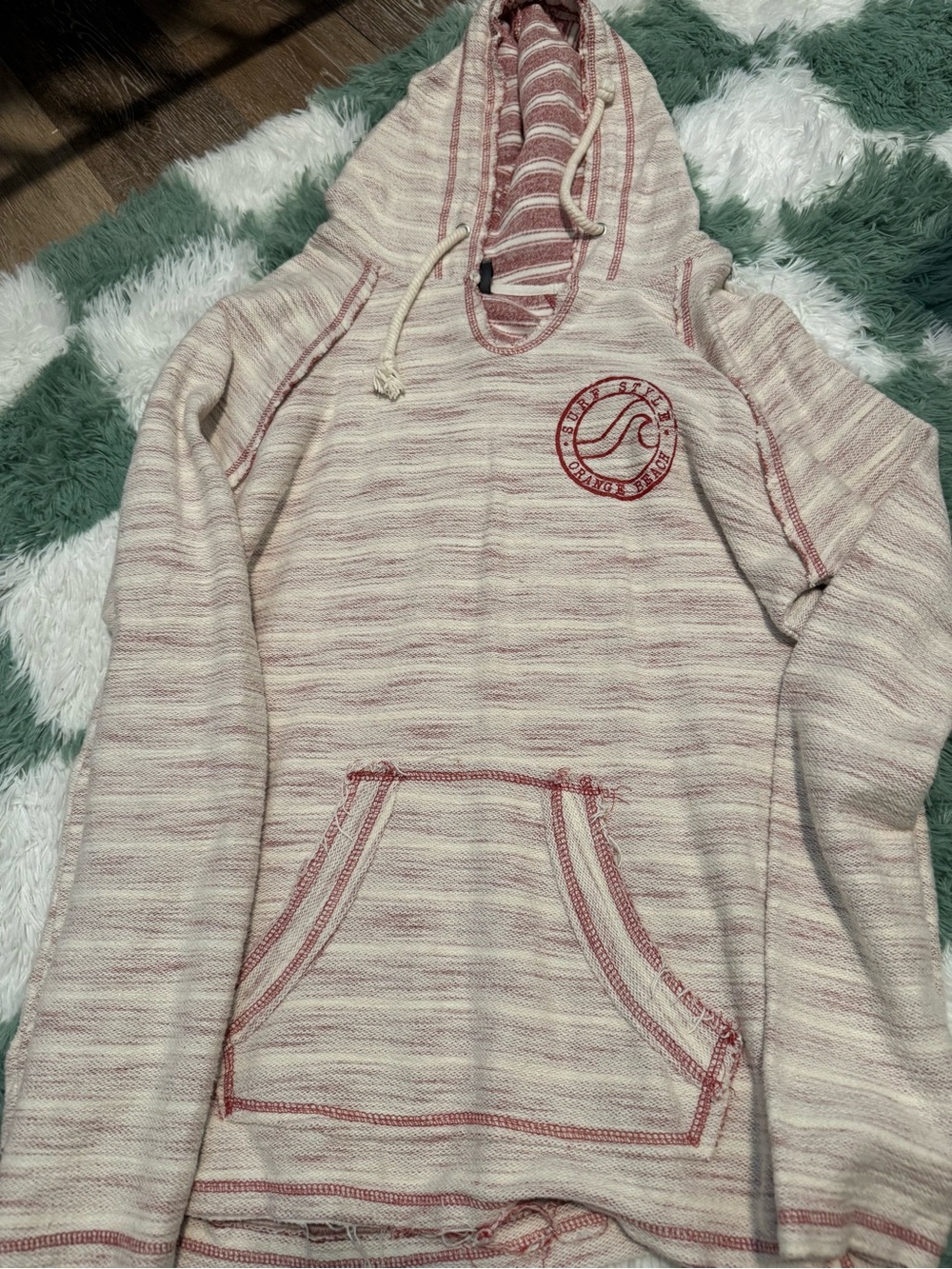 MV Sport Red and White Striped Crewneck Hoodie